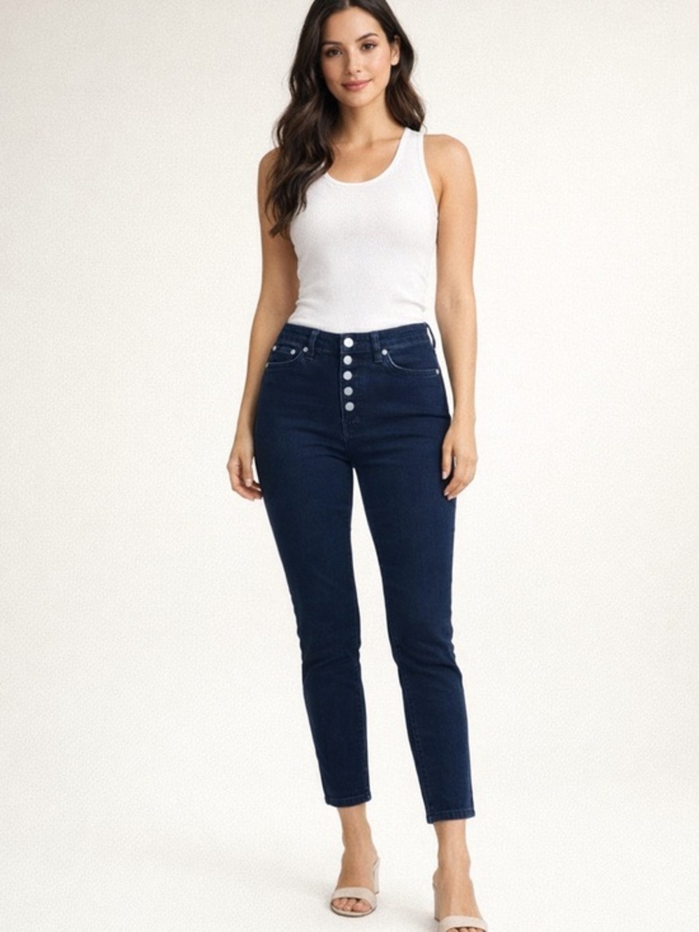 Nine West High-Rise Dark Blue Button-Fly Jeans